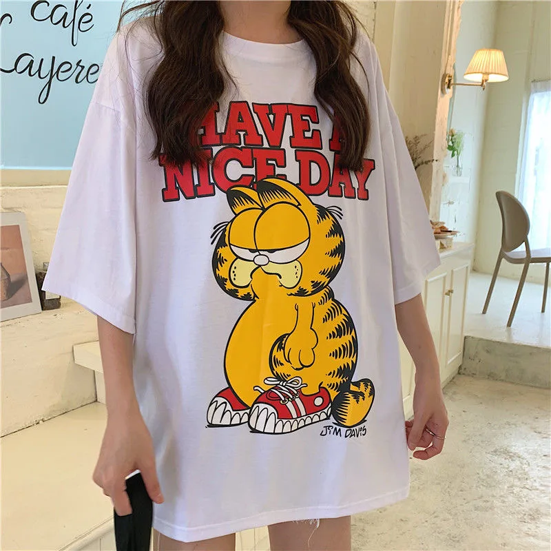 Roze Zwart Cartoon Garfield T-shirt 