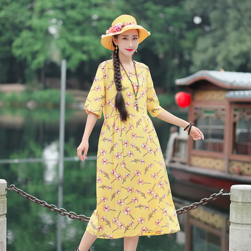 

2019 Summer New Style Loose And Plus-sized WOMEN'S Dress Retro Literature And Art Floral-Print Mid-length V-neck Cotton Linen Dr