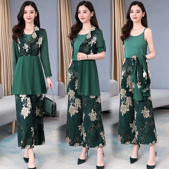 

High Quality Luxury 3 Piece Set Women Floral Print Wide Leg Pants Fragrant Matching Sets Ensemble Femme 3 Pieces Pantalon