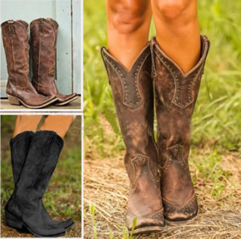

Womens Boots Retro Rivet Knee High Boots Handmade Leather Long Booties Women High Cowboy Boots Fashion Casual Shoes 2019