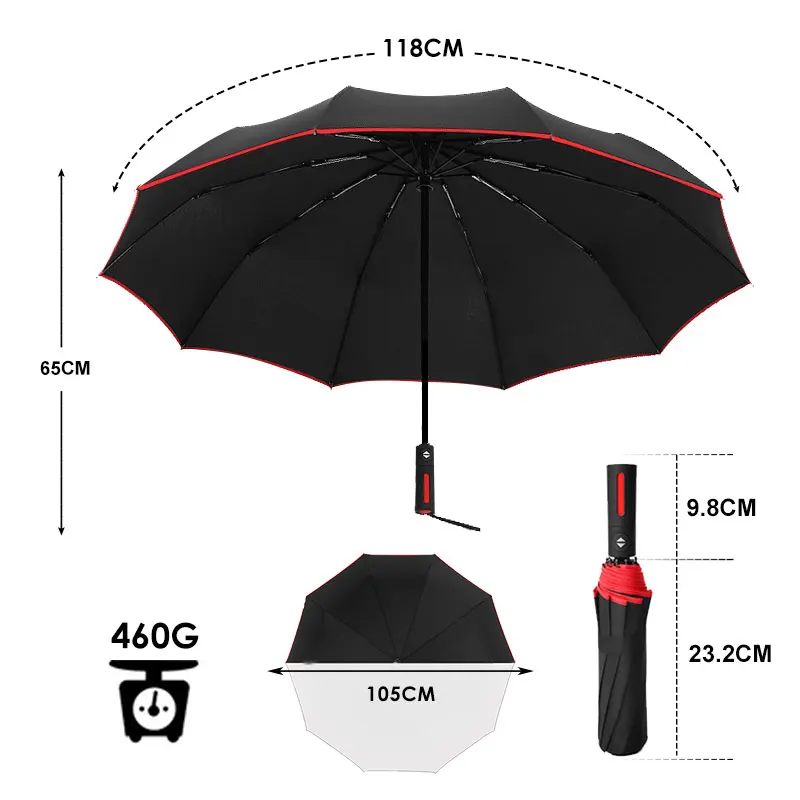 Автоматический зонт от дождя, женский, с длинной ручкой, 3 Складные, ветроустойчивые, большие зонты для деловых мужчин, с черным покрытием, 10K Paraguas