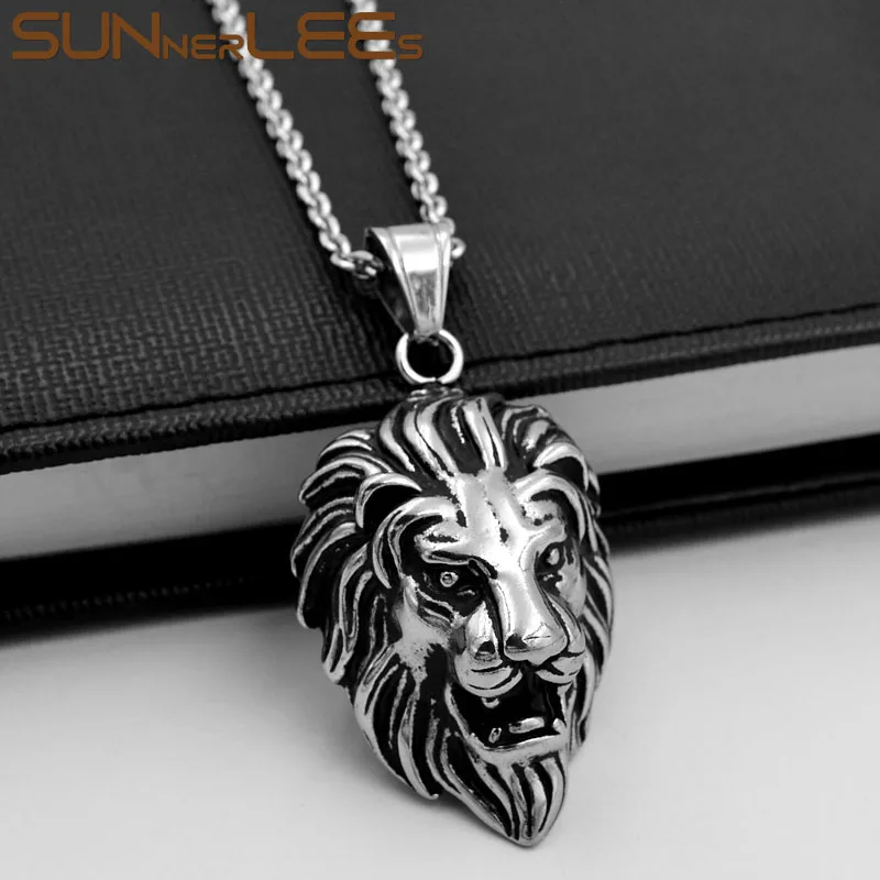 Silver SUNNERLEES 316L нержавеющая сталь кулон ожерелье Прохладный Панк голова льва звено Цепочка Золото Серебро Черный для мужчин женщин подарок SP14 - Окраска металла: Silver