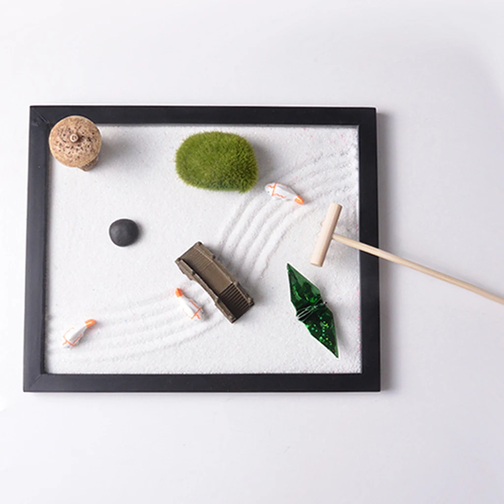 ZEN Garden Kit of Relax Sand Stone Tray Statue Meditation Tabletop Ornament ZEN Garden Kit of Relax Sand Stone Tray Statue Meditation Tabletop Ornament