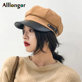 

2019 Winter Beret femme Leather French Hat Octagonal Women British Style gavroche Black military Beret Newsboy Cap
