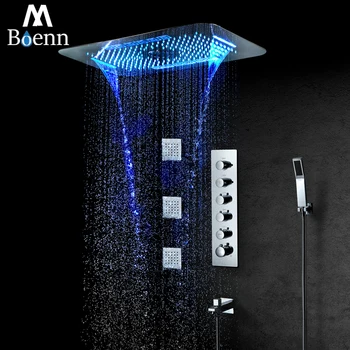 

M Boenn Luxury Shower Set Ceiling LED Shower Head 710*430mm Rain Shower Panel Bathroom Faucet Brass Thermostatic Concealed Mixer
