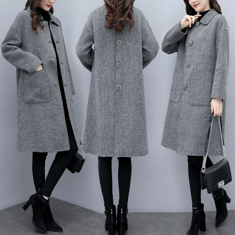

2019 Autumn And Winter New Style Large Size Woolen Jacket Korean-style Fashion Mid-length Loose-Fit Slimming over-the-Knee Woole