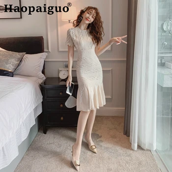 

Large Size Summer Lace Dress 2019 Short Sleeve Ruffle Trumpet Sheath Elegant Dress Women Solid Streetwear Midi Wrap Dress Ladies