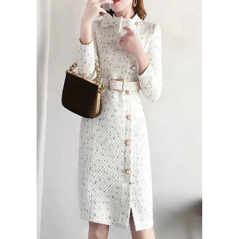 

Tweed Dress 2019 Autumn Winter Runway Women Elegant Tweed Dress Bow Collar Female Fashion Ladies Office Chic Dresses Vestidos