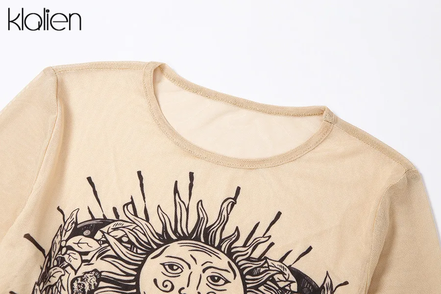 KLALIEN прозрачный сетчатый солнцезащитный принт с длинным рукавом и круглым вырезом тонкий короткий классный топ для девочек новые женские уличные модные футболки