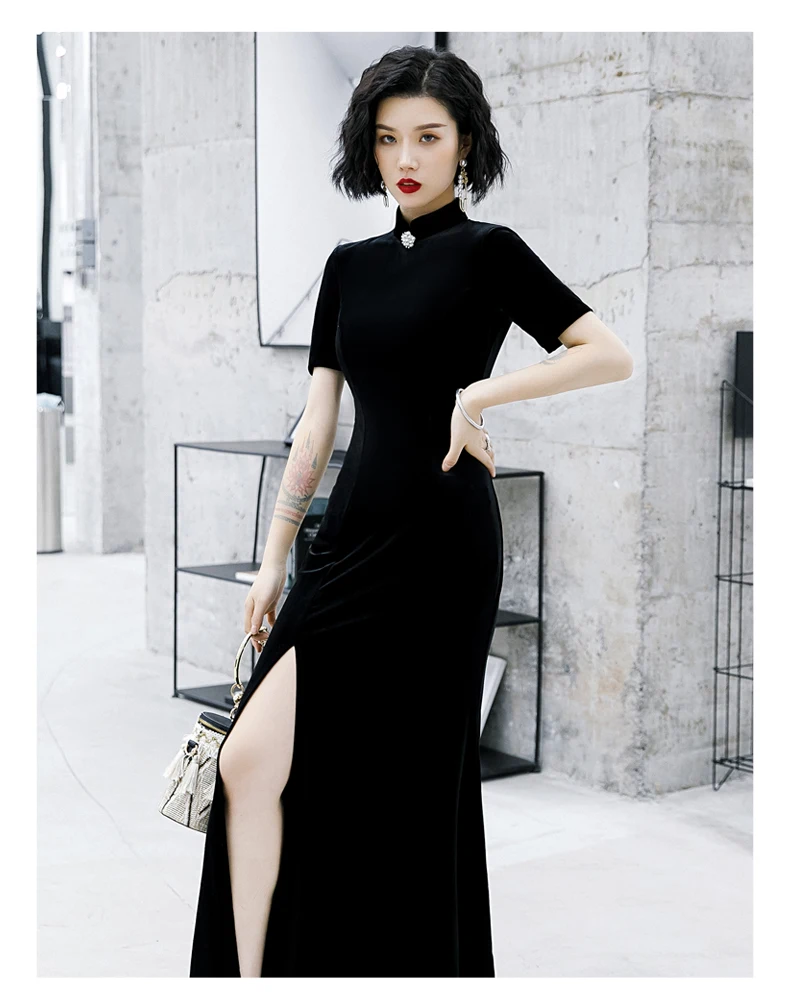 Черная кость травления cheongsam элегантный restoring ancient ways, чтобы изменить Осень-зима китайский банкета пикантные узкие платье