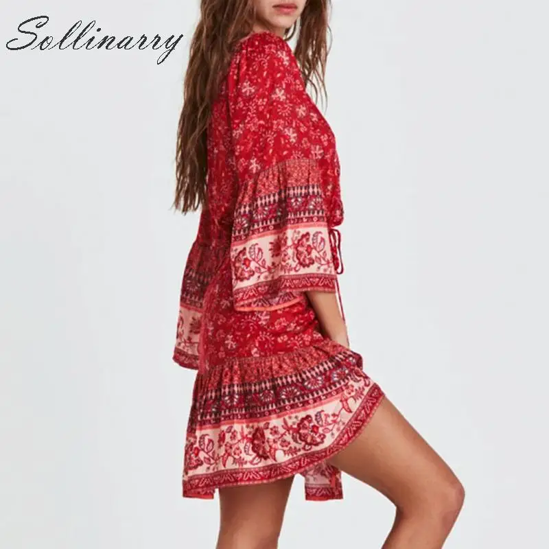 Sollinarr Boho Цветочные женские летние платья, праздничное повседневное короткое платье на завязках, женское модное платье с высокой талией и v-образным вырезом, Vestido