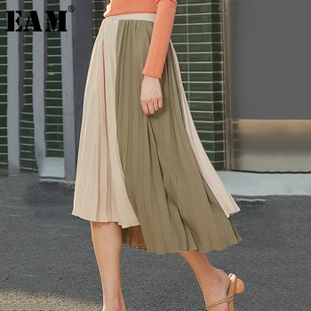 

[EAM] High Elastic Waist Contrast Color Pleated Asymmetrical Half-body Skirt Women Fashion Tide New Spring Autumn 2020 1S075