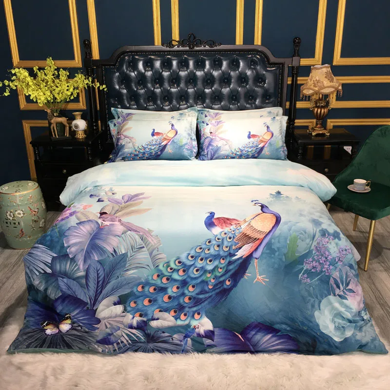 

Luxury Chinese style 3D Peacock Flowers Printing Winter Fleece Fabric Bedding set Flannel Duvet cover Bed Sheet/Linen Pillowcase