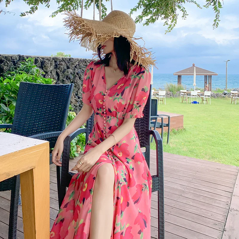 

4202 Photo Shoot 2019 Fake Skirt Short Sleeve V-neck Waist Hugging Slimming Elegant Button Chiffon Printed One-piece Dress Women