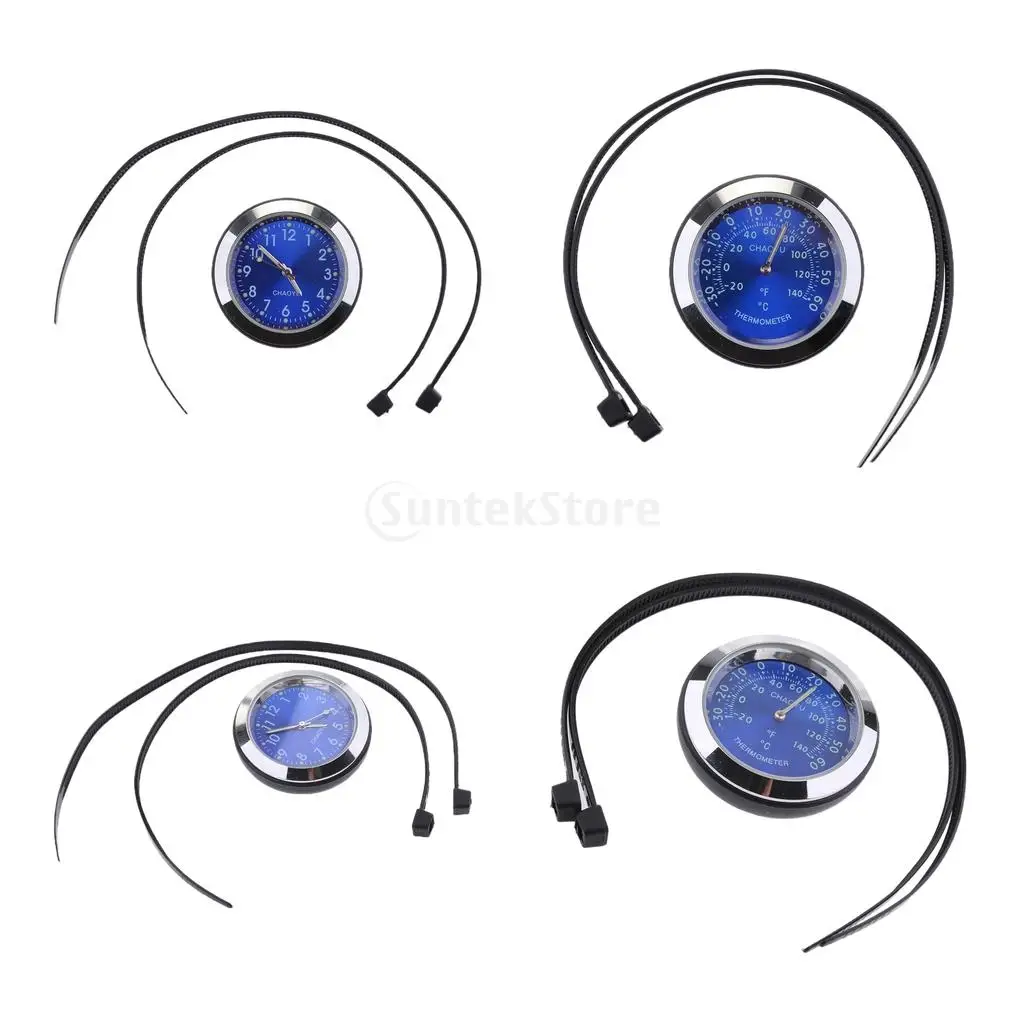 4Pcs Motorcycle Bike Blue Dial Clock Watch + Thermometer Temperature Gauges