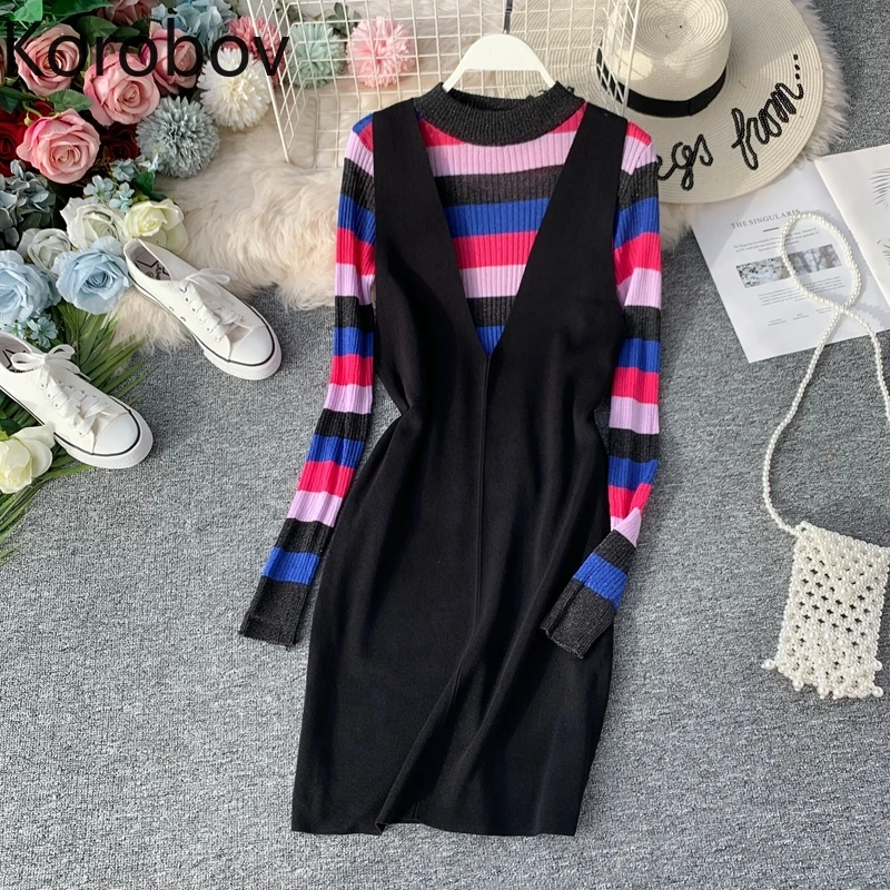 

Korobov Women Knit Sweater and Deep V Neck Tank Top Dress 2 Piece Set Korean Striped Pullover and Vestidos Women Suit 78885