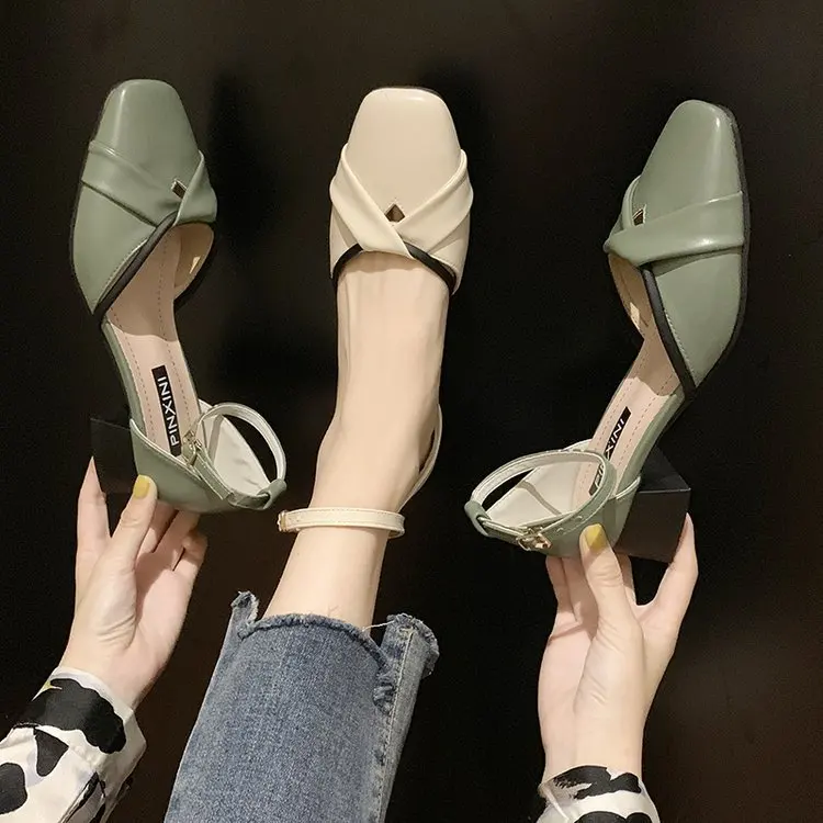 

Block Heels All-Match Fashion Womens Shoes 2019 Beige Heeled Sandals Buckle Strap Med Shallow Mouth Square Toe Chunky Luxury