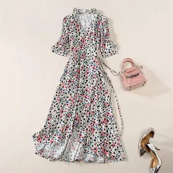 

2020 summer new style French retro Platycodon V-neck floral medium length beach dress Polka Dot Dress