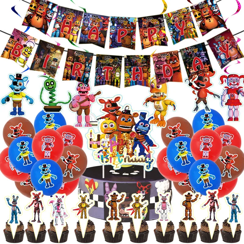 Party Supplies 5 Nights of Freddys Banner Cake Topper Cupcake Toppers  Balloons Stickers Keychains Figures FNAF Birthday Party Decorations Favors