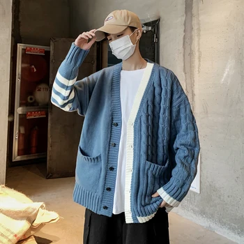 

2019 Winter Men's Fashion Coarse Needle Twisting Knitting Flower Woollen Sweater Cashmere Cardigan Loose 4 Color Coat M-2XL