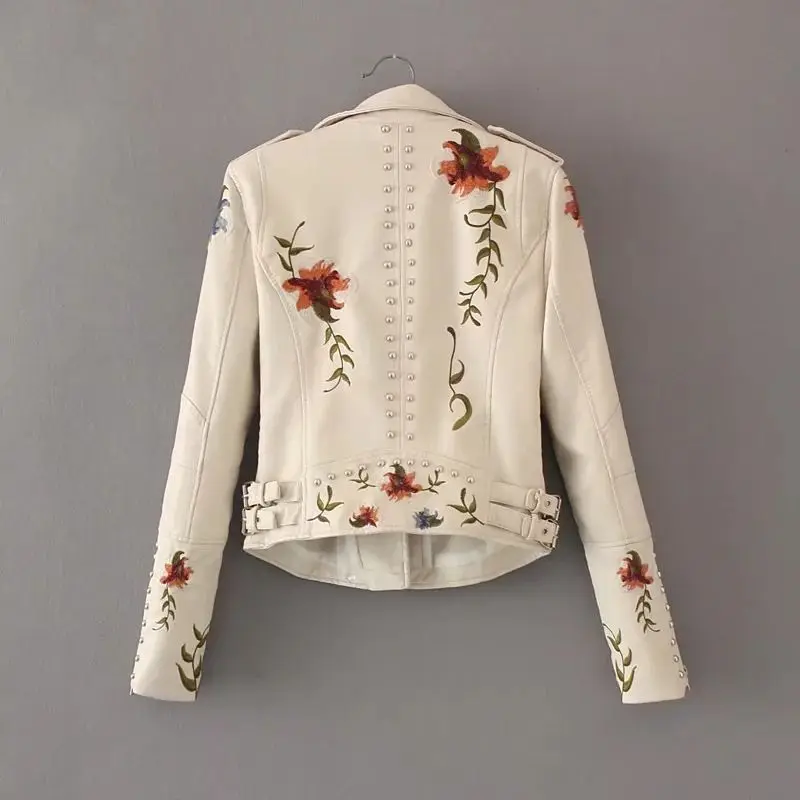 Spring Autumn Casual Flowers Embroidery Pu Leather Short Jacket Women Turn-down Collar Rivet Zipper Moto Biker Coats Tops Clothe