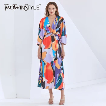 

TWOTWINSTYLE Hit Color Print Loose Dress Female V Neck Lantern Long Sleeve Back Split High Waist Midi Women Dresses 2020 Clothes