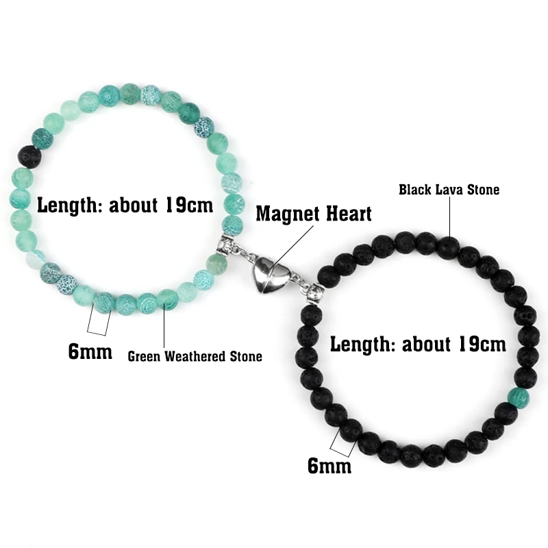 2Pcs/Set Magnetic Bracelet 6mm Ntural Black Lava Stone Beads Heart Pendant Charm Couple Bracelets for Friends Men Women Jewelry beaded bracelet stone bead bracelet natural stone bracelet volcanic stone bracelet