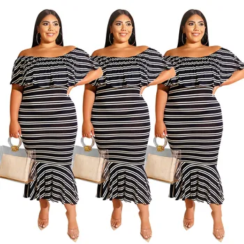 

Summer Womens Fashion Off-the Shoulder Dresses Office Lady Style Short Sleeve Ruffle Slash Collar Striped Slim Dress Plus Size