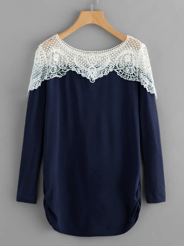 

White Lace-up Joint Multi-color Long-sleeved T-shirt