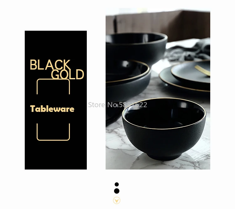 1pc Black Gold Rim Ceramic Dinner Dish Plate Rice Salad Noodles Bowl Soup Plates Matte Dinnerware Sets Tableware Kitchen Tool