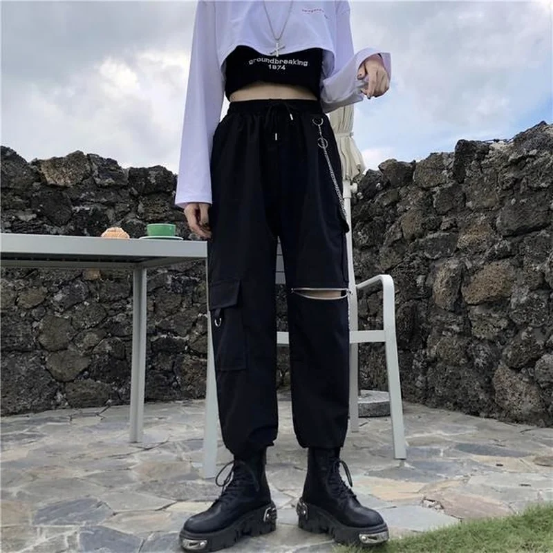Women Cargo Pants Stylish Chain Ulzzang 
