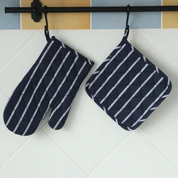 

Cotton Deep Blue Striped Glove and Mat Kitchen Favor Baking Insulation Pads with Microwave Oven Anti-Hot Gloves Christmas Decor
