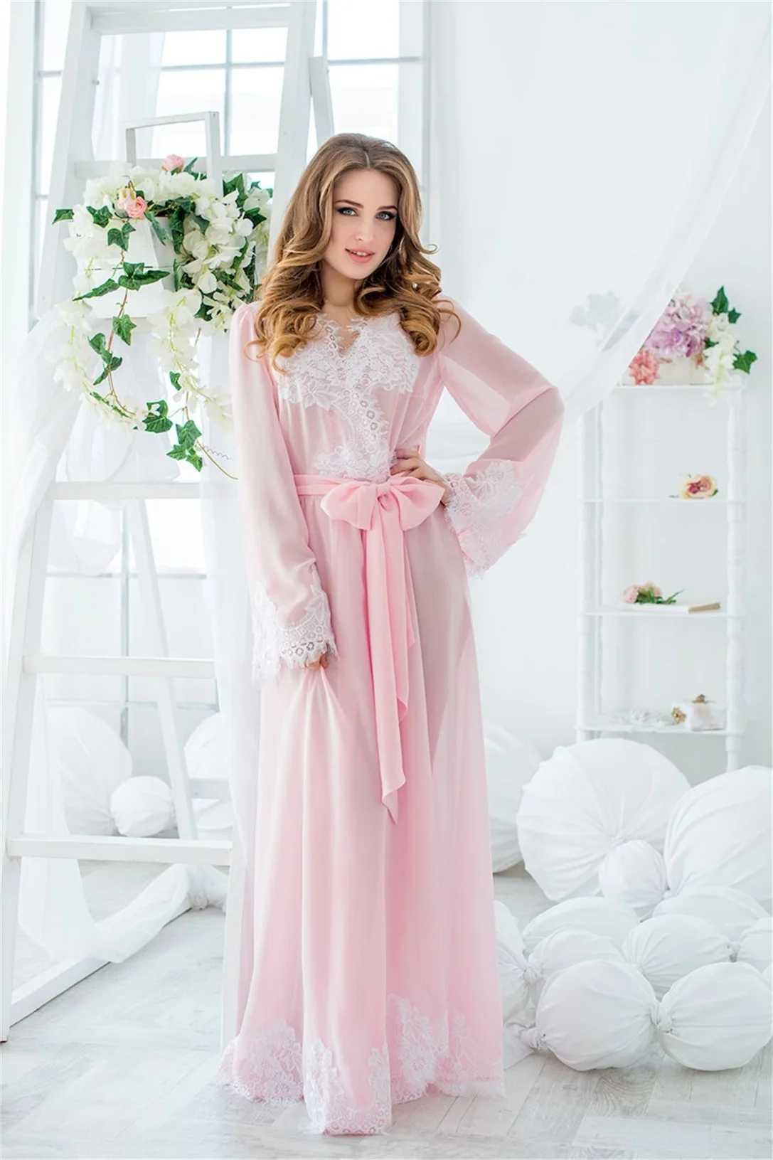 lua-de-mel lingerie chiffon robe manga longa roupão