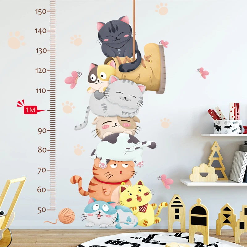 Large Cartoon Cat Animals Height Measure Wall Stickers for Kids Room Kindergarten Height Chart Ruler Decals Nursery Home Decor