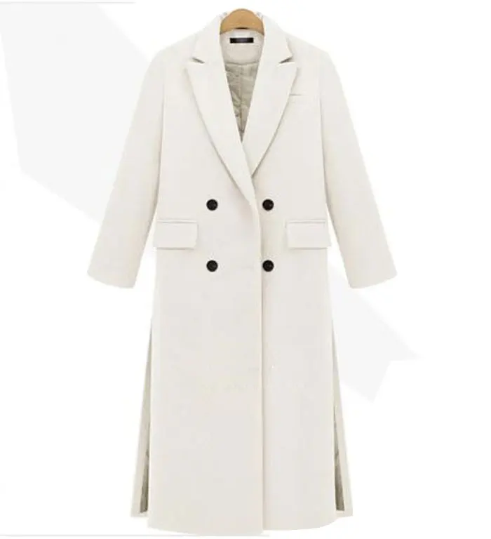 British New Spring / Winter Women Simple Grey White Woolen Cashmere Long Coat Maxi Female Overcoat Casacos Manteau Femme