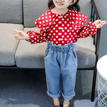 

Baby Girls Clothes Set Autumn Polk Dot 2pcs Children's Shirts Leisure Jeans Suit Toddler Girl Red 0-3Y Newborn Baby Clothes