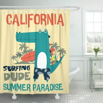 

Tee Surfing Dude Crocodile Design Graphics California Shower Curtain Polyester 72 x 72 Inches Set with Hooks