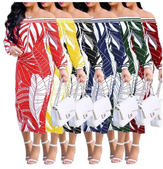 

African dresses for women Autumn Printed leaves Slash Neck Crochet Mid Calf Dress Casual Bohemian Mid-Calf African dress Vestid