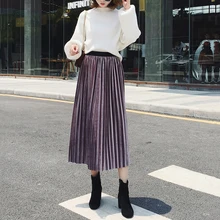 Прямая юбка длиной до середины икры для девочек, Женская юбка с высокой талией, осенне-зимняя однотонная плиссированная повседневная юбка