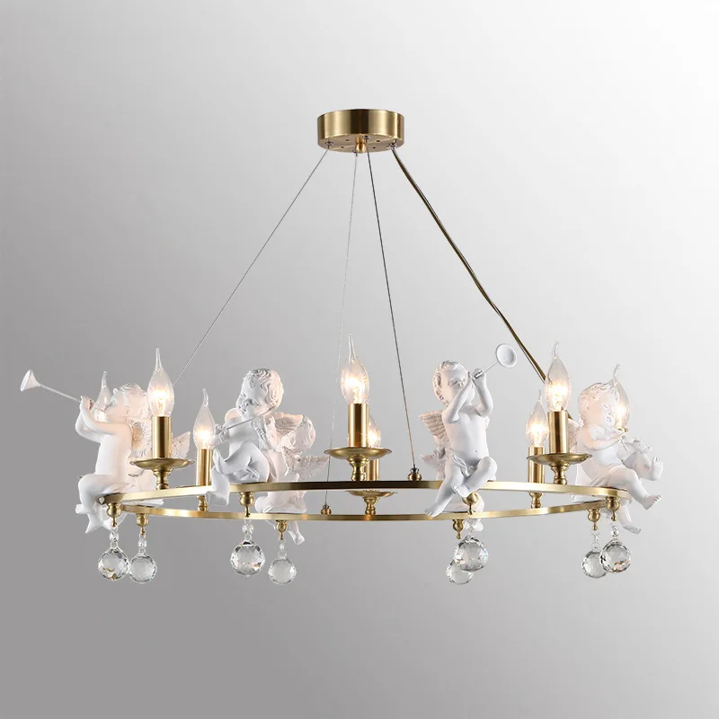 

Modern Gold Plated Metal Cord Pendant Light with E14 LED Candles Bulbs Crystal Resin Angle Decoration for Living Room Dining