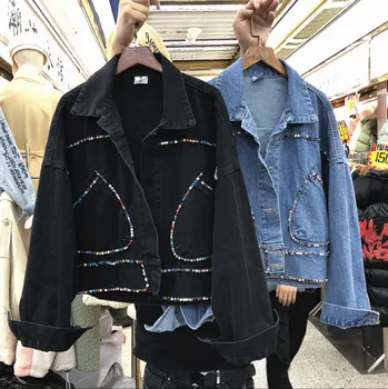 

2020 Spring New Heavy Diamond Loose-Fit Short Denim Jacket Women's Casual Black Jean Jacket Top Chaqueta Mujer Outwear