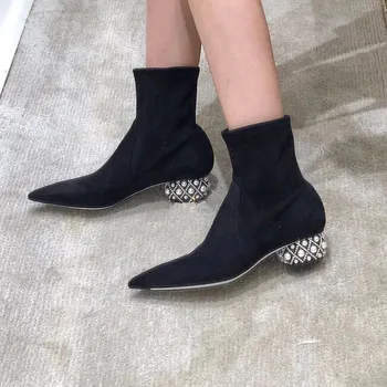 

Pearl Heel Ankle Boots Pointed Toe Slip On Chelsea Boots Women Fashion Stretch Boots 2019 Autumn Winter Leather Casual Shoes
