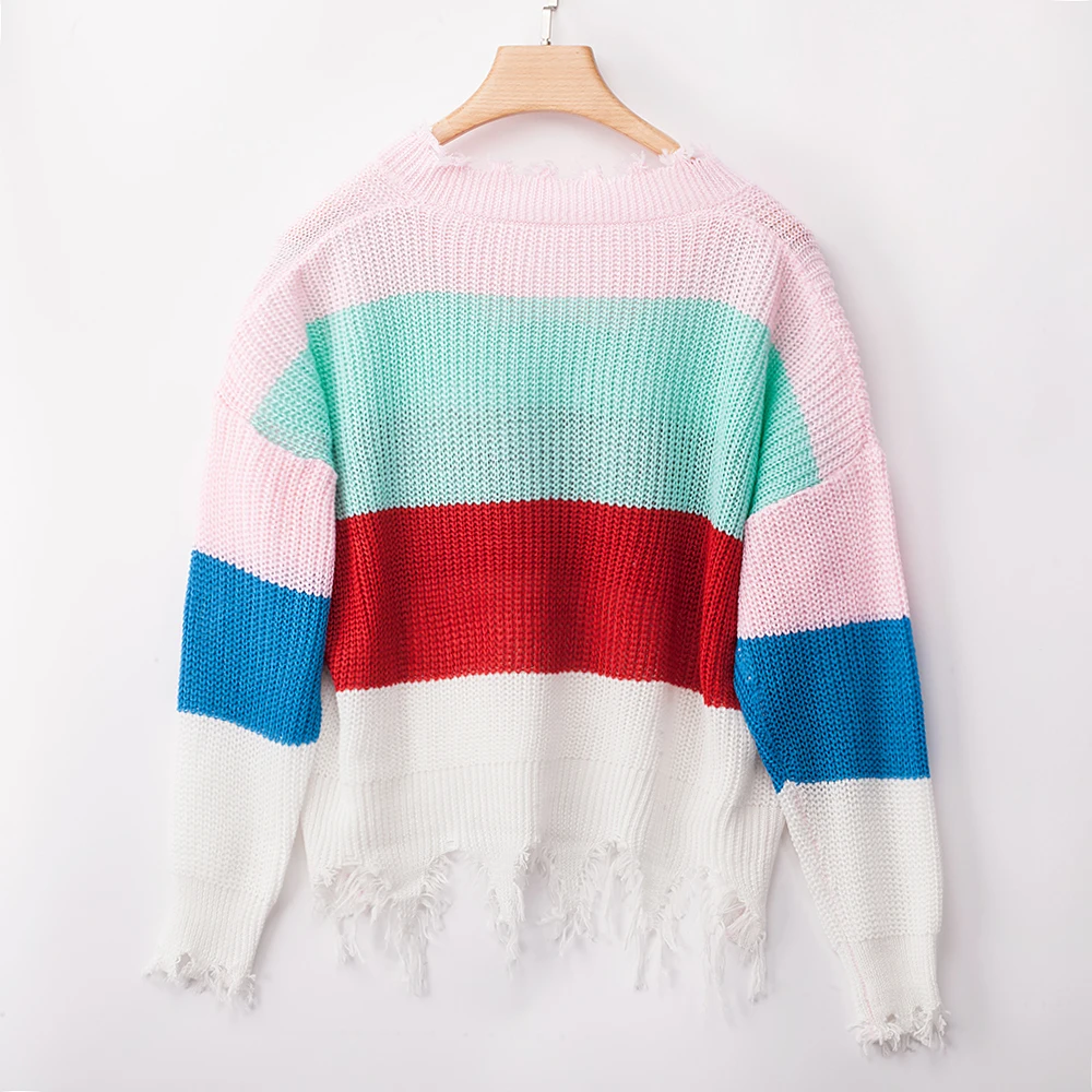 Радужный вязаный свитер женский розовый свободный женский свитер с бахромой пуловеры v-образный вырез одежда для зимы и осени Низкий вырез вязаный свитер