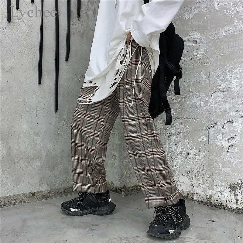 Lychee, Harajuku, клетчатые женские штаны, эластичные, высокая талия, широкие, женские брюки, повседневные, свободные, хлопок, весна, осень, женские штаны