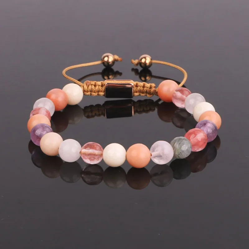 New arrival 8mm colorful mix natural stone pink quartz beads bracelet for women