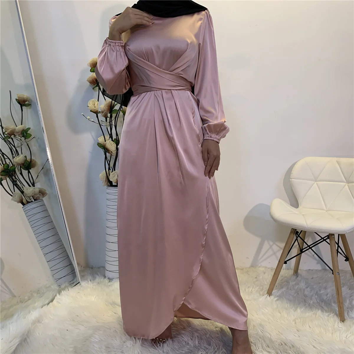 frontal, manga comprida, abaya muçulmana, vestidos hijab,