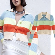 

Elmsk Sweaters Women High Street Vintage Colorful Striped Knitted Cardigans Women Winter Sweaters Women Sexy ShortShort Tops