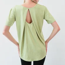 CretKoav, со стразами, с открытой спиной, спортивный тренировочный короткий рукав Футболка женская летняя свободная футболка быстросохнущие Йога Фитнес Костюмы