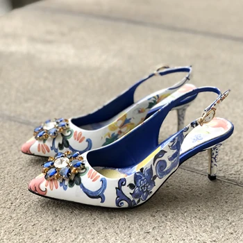 

Blue and white porcelain woman high heel sling back diamonds flower shoes blue crystal sling back woman shoes