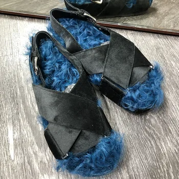 

YOLOAgain women real lamb fur sandals ladies flat sandals casual shose